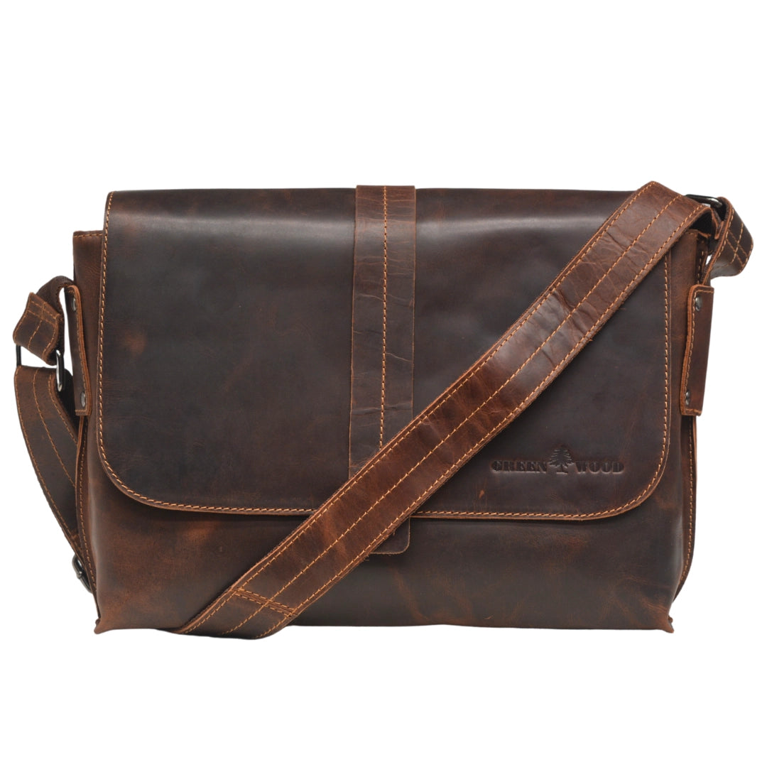 Brown leather satchel bag on a white background