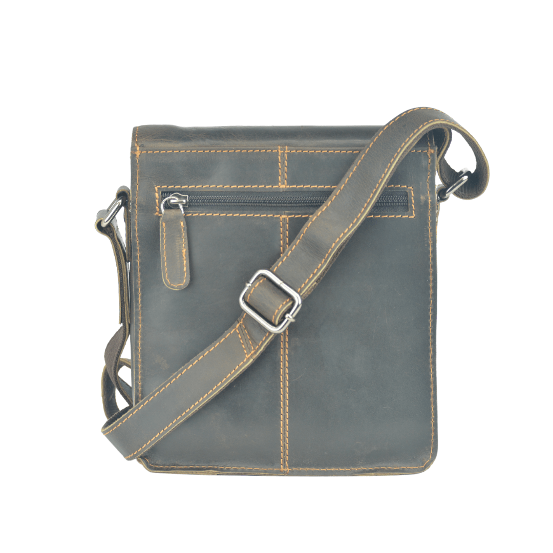 Gray leather crossbody bag with visible stitching on a white background