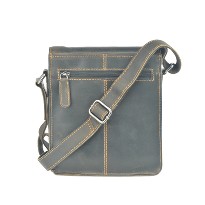 Gray leather crossbody bag with visible stitching on a white background
