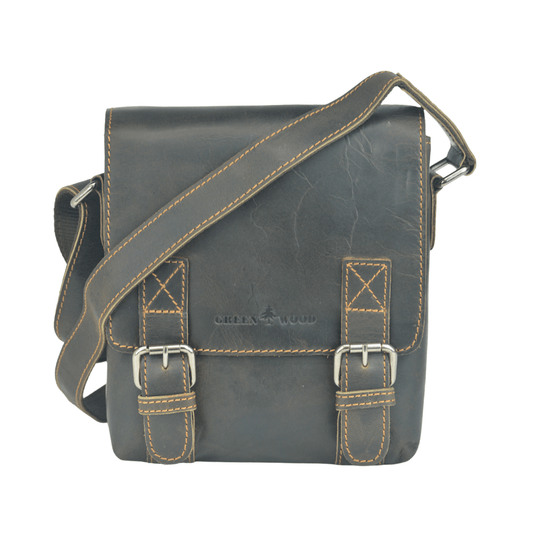 A dark brown leather messenger bag with tan contrast stitching, silver buckles, and a matching leather shoulder strap, shown on a plain white background. The brand name 'GREENWOOD' is embossed on the front.
