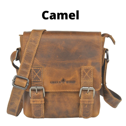 A distressed brown leather crossbody bag with silver buckles and a matching shoulder strap, shown against a plain white background with the text 'Camel' above it. The brand name 'GREENWOOD' is embossed on the front flap.