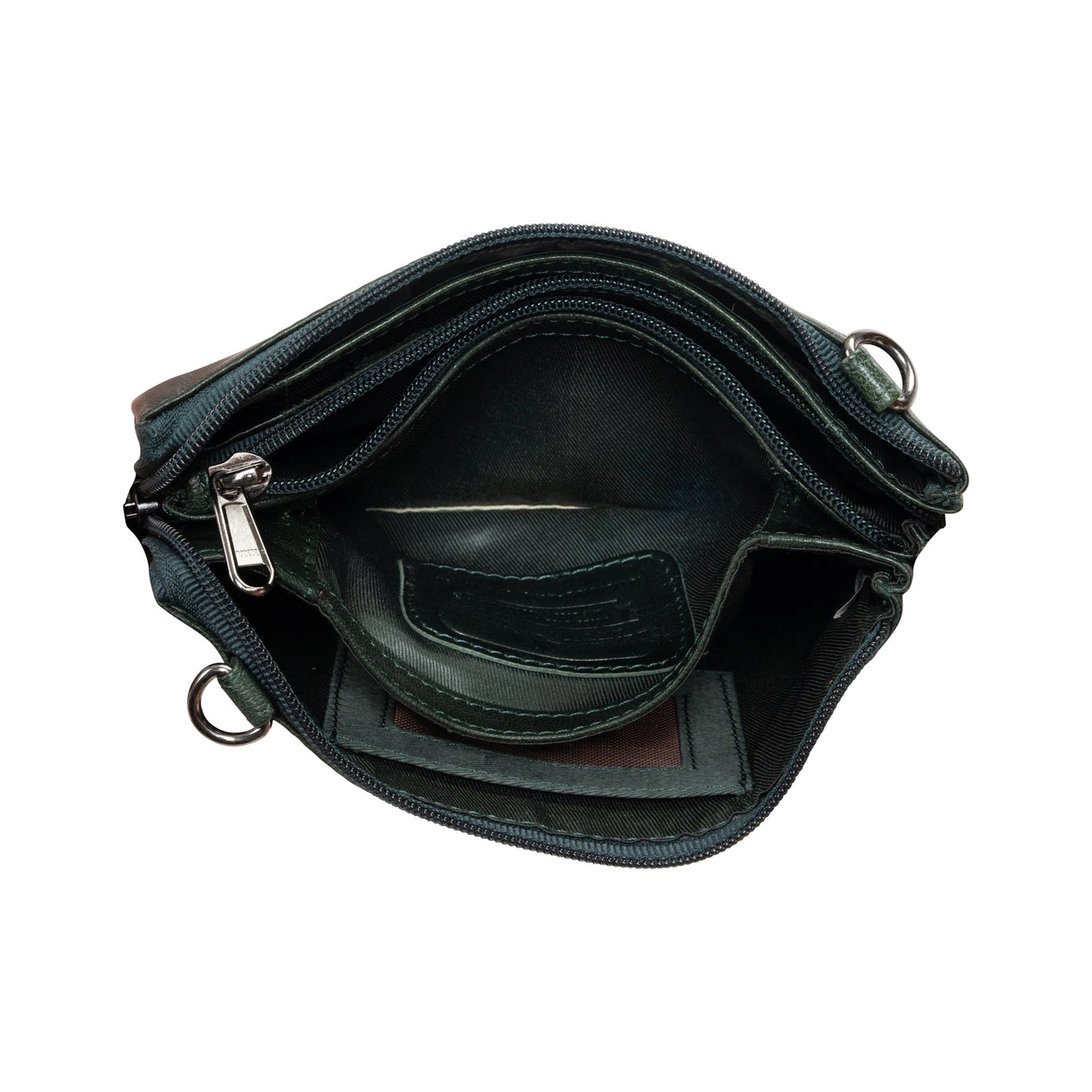 Black leather pouch with zippers on a white background
