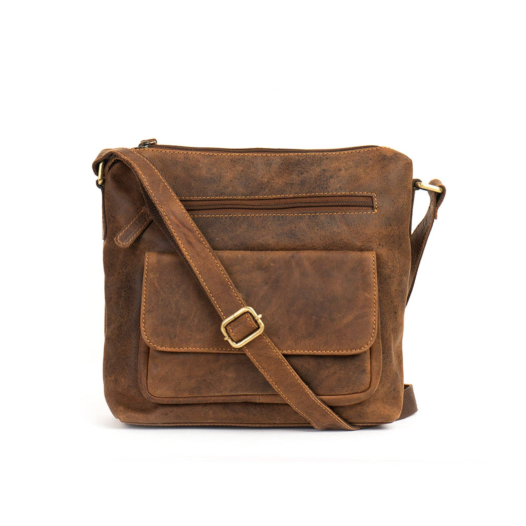 Brown leather crossbody bag on a white background