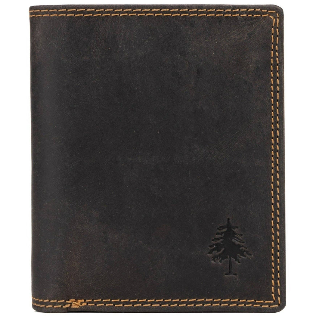 Black leather wallet with tree emblem on a white background