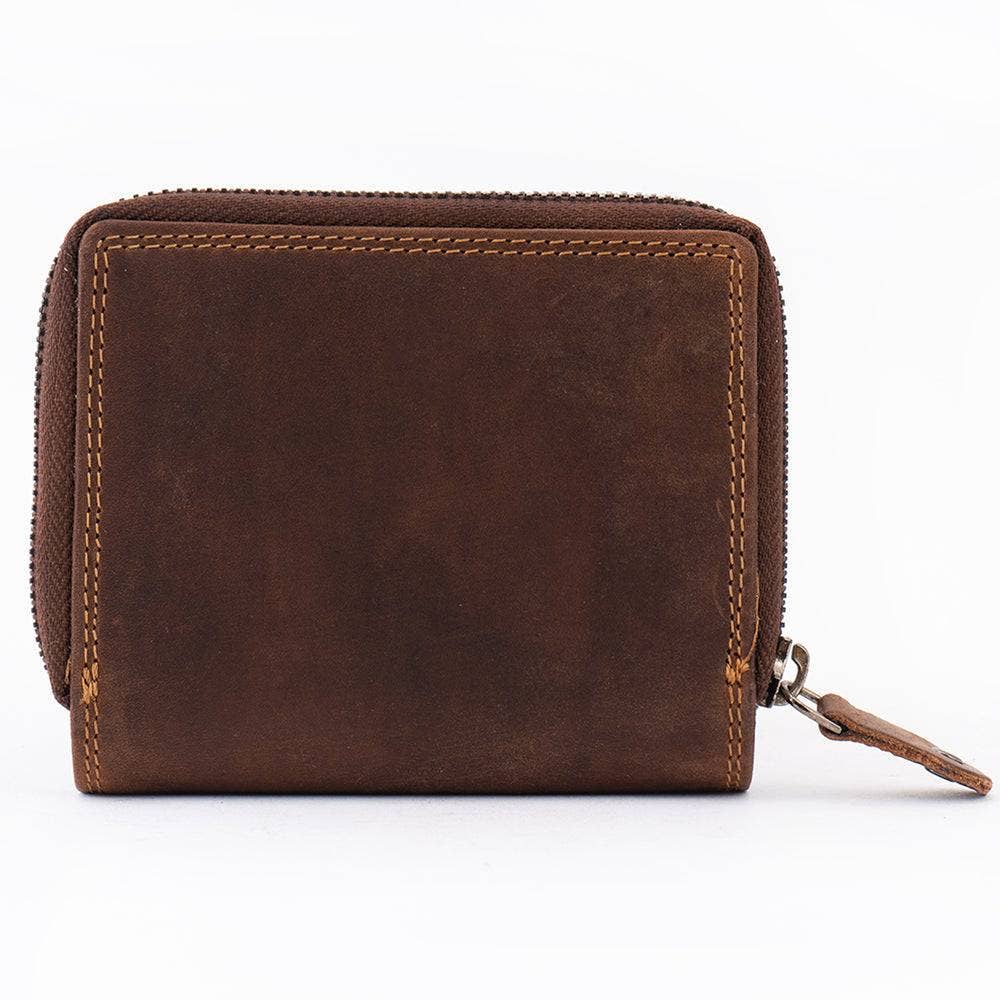 Brown leather wallet with a zipper on a white background