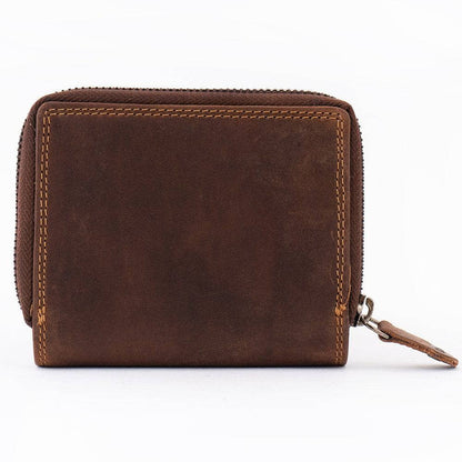 Brown leather wallet with a zipper on a white background