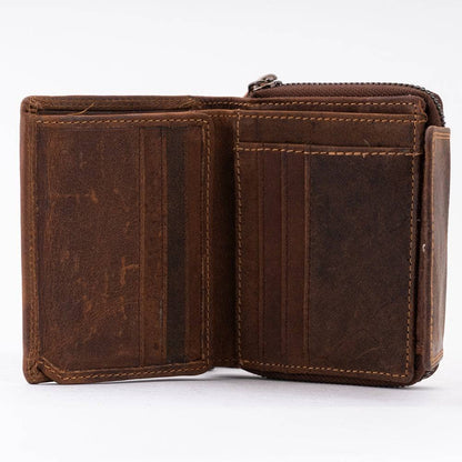Brown leather wallet open on a white background