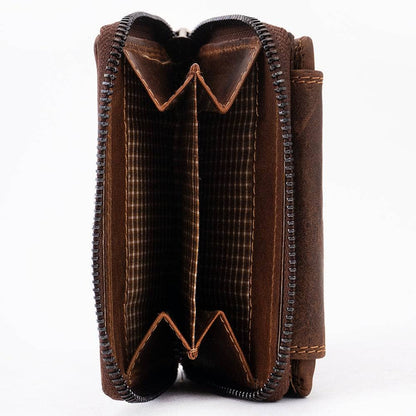 Brown leather wallet with plaid lining on a white background
