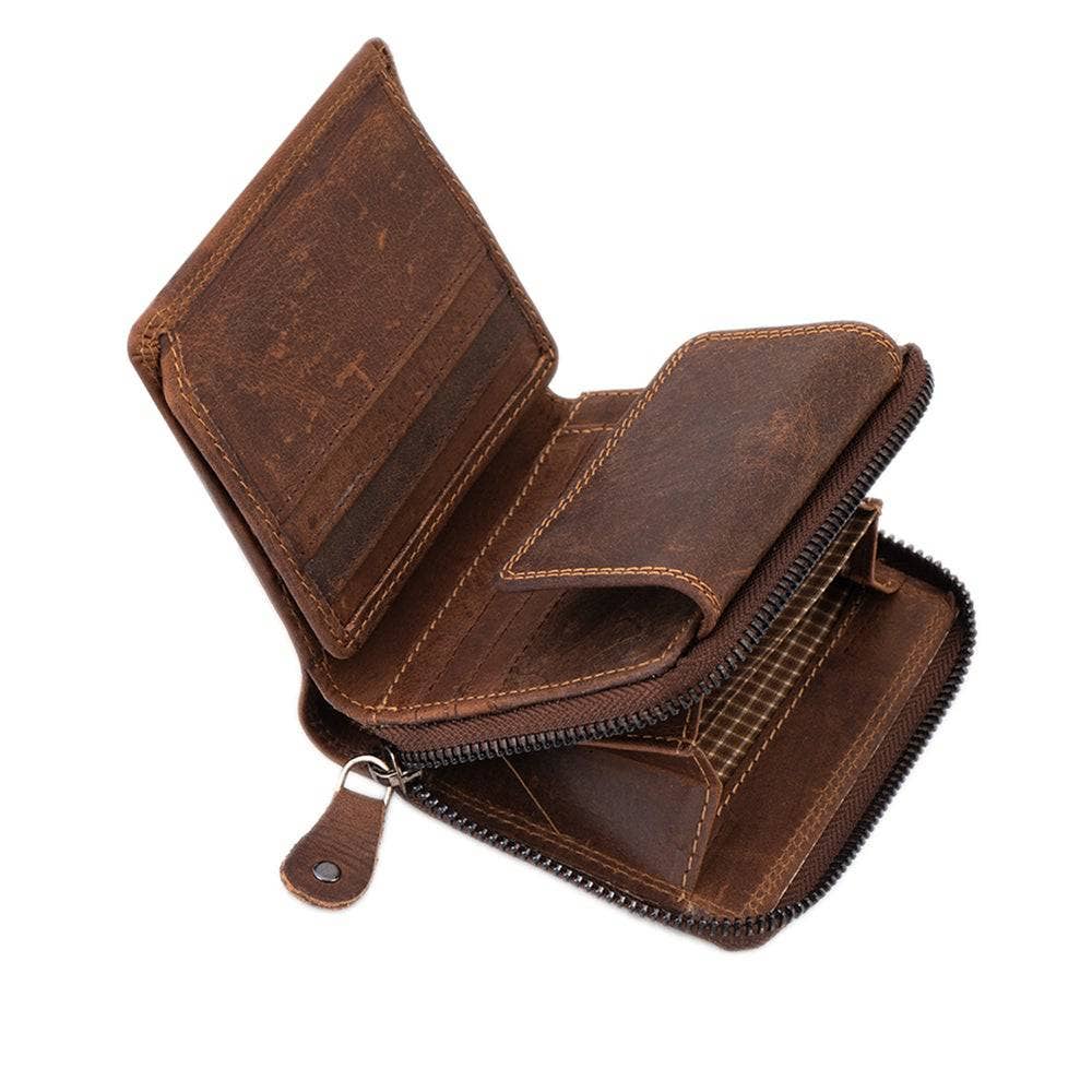 Brown leather wallet with a zipper on a white background