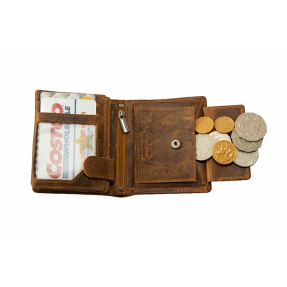 Brown leather wallet with money and coins on a white background