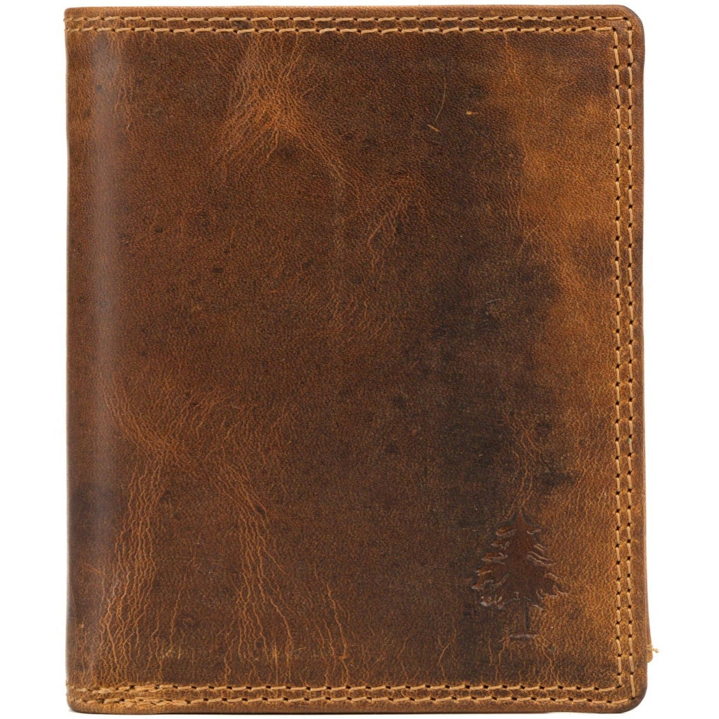 Brown leather wallet with embossed design on a white background