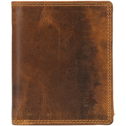 Brown leather wallet with embossed design on a white background