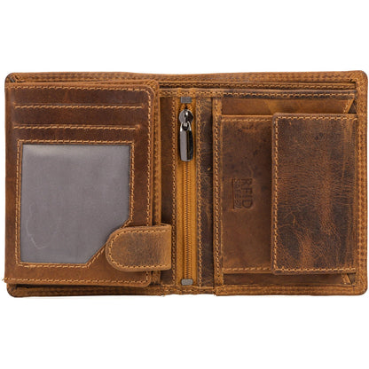 Brown leather wallet with card slots and a zipper on a white background