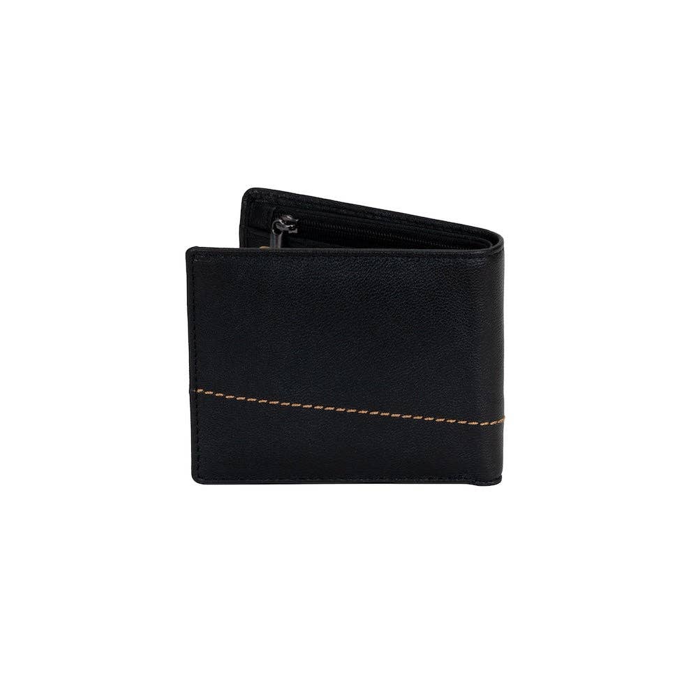 Black leather wallet with gold stitching on a white background