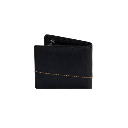 Black leather wallet with gold stitching on a white background