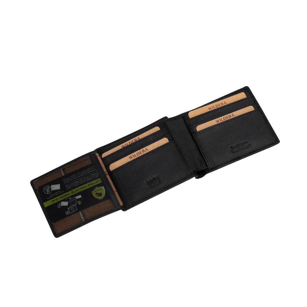 Black leather wallet with visible branding on a white background