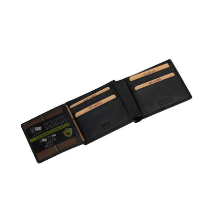 Black leather wallet with visible branding on a white background