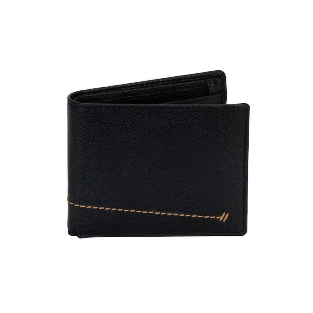 Black leather wallet with gold stitching on a white background