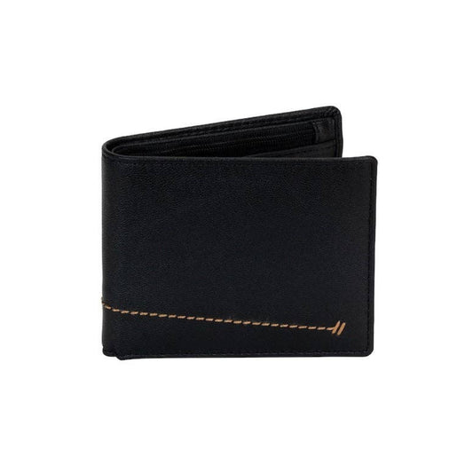 Black leather wallet with gold stitching on a white background