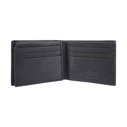 Black leather wallet open on a white background