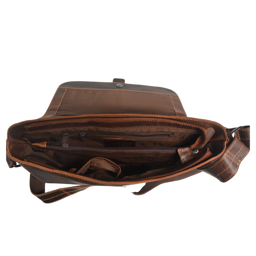 Brown leather bag with open front compartment on a white background