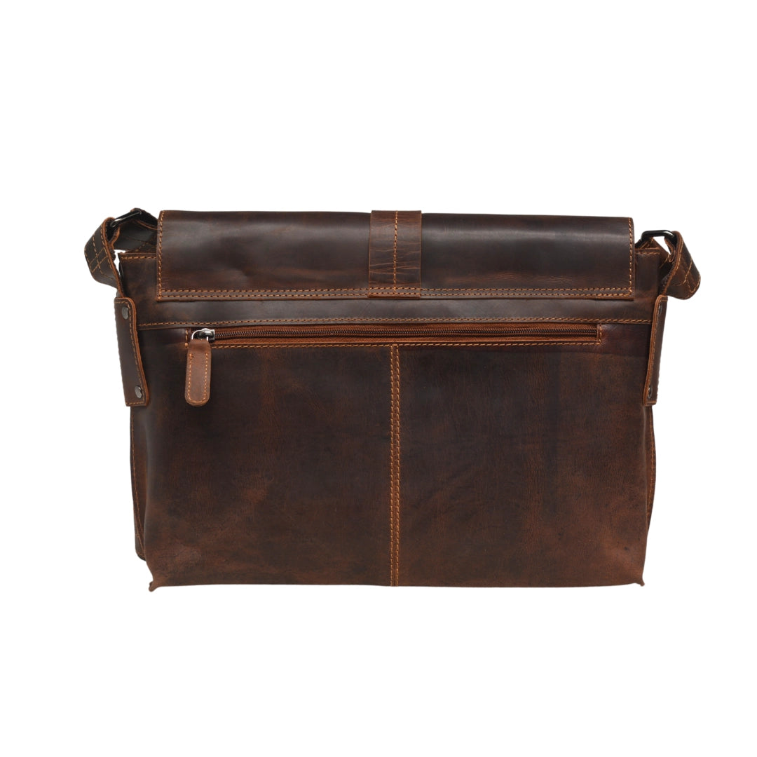 Brown leather messenger bag on a white background