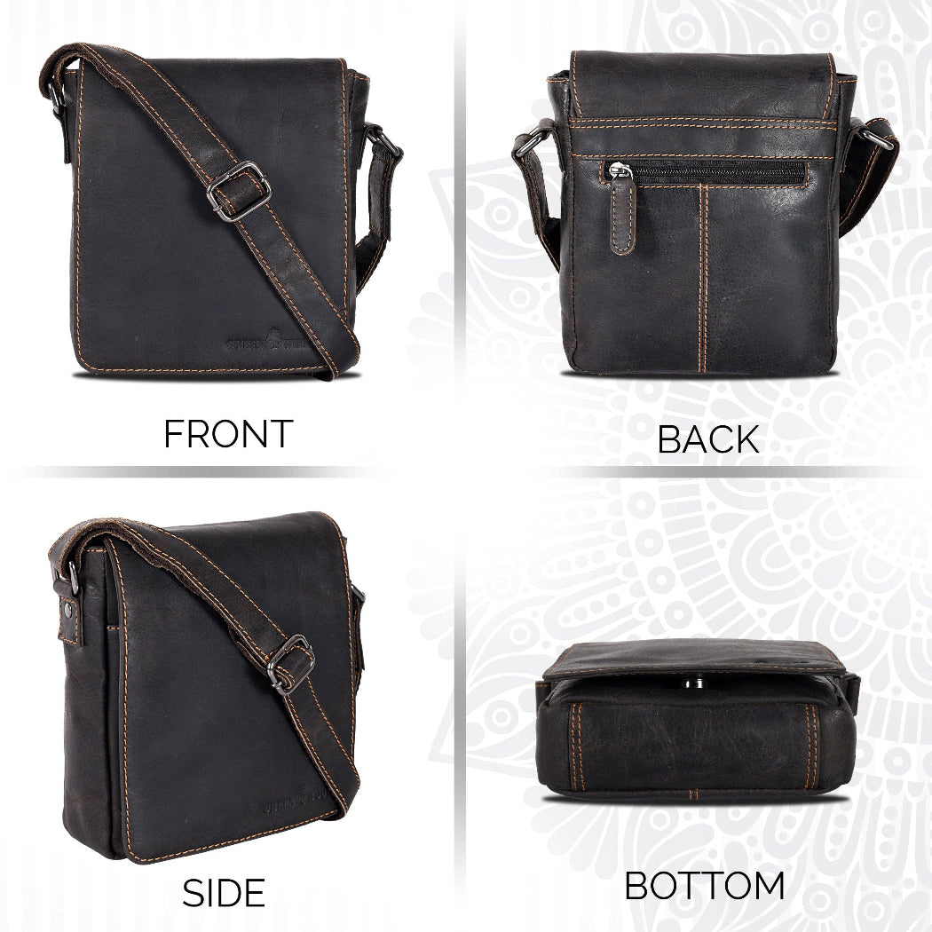 Black leather crossbody bag shown from front, back, side, and bottom angles on a light gray background.