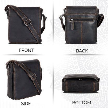 Black leather crossbody bag shown from front, back, side, and bottom angles on a light gray background.