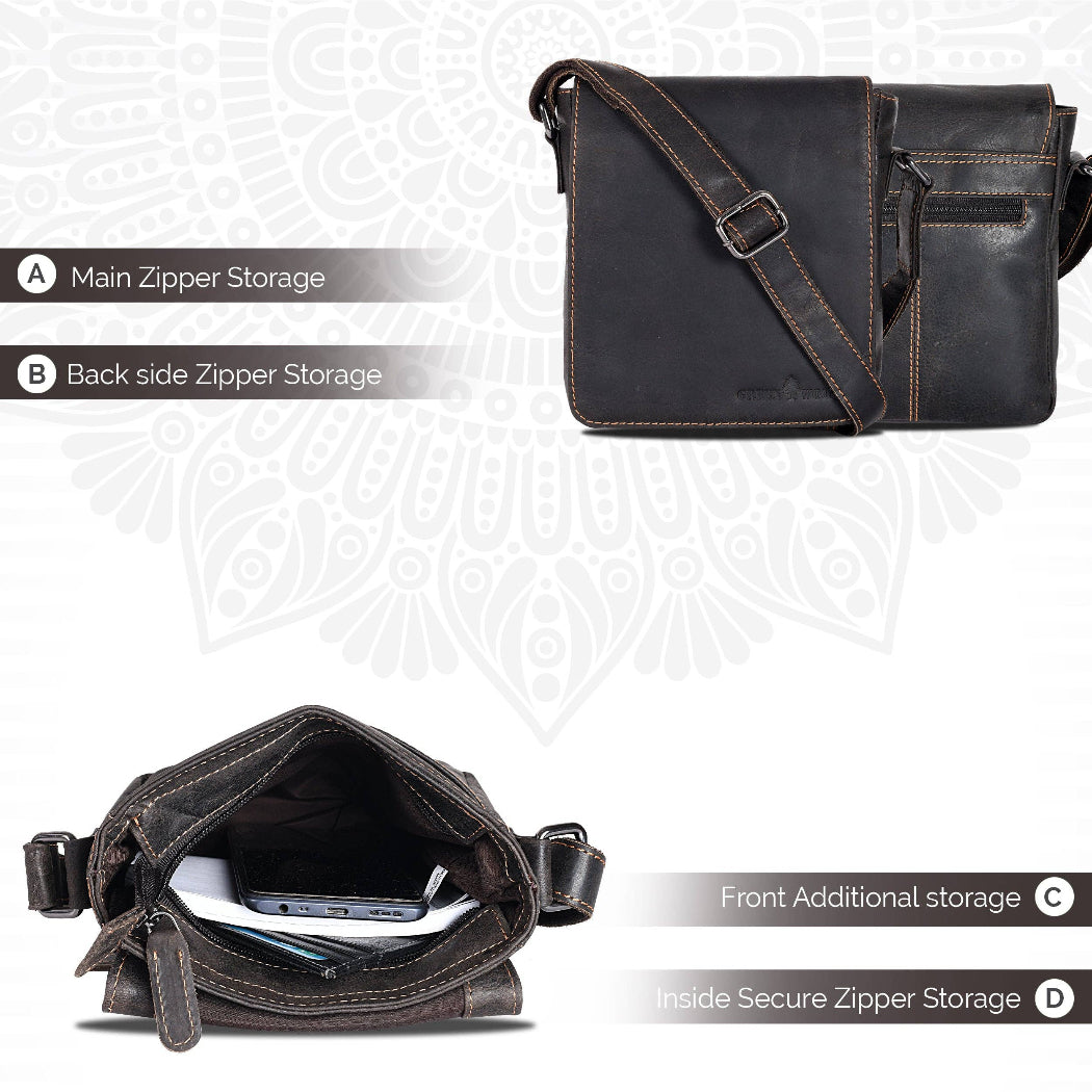 Black leather bag with features highlighted on a white background