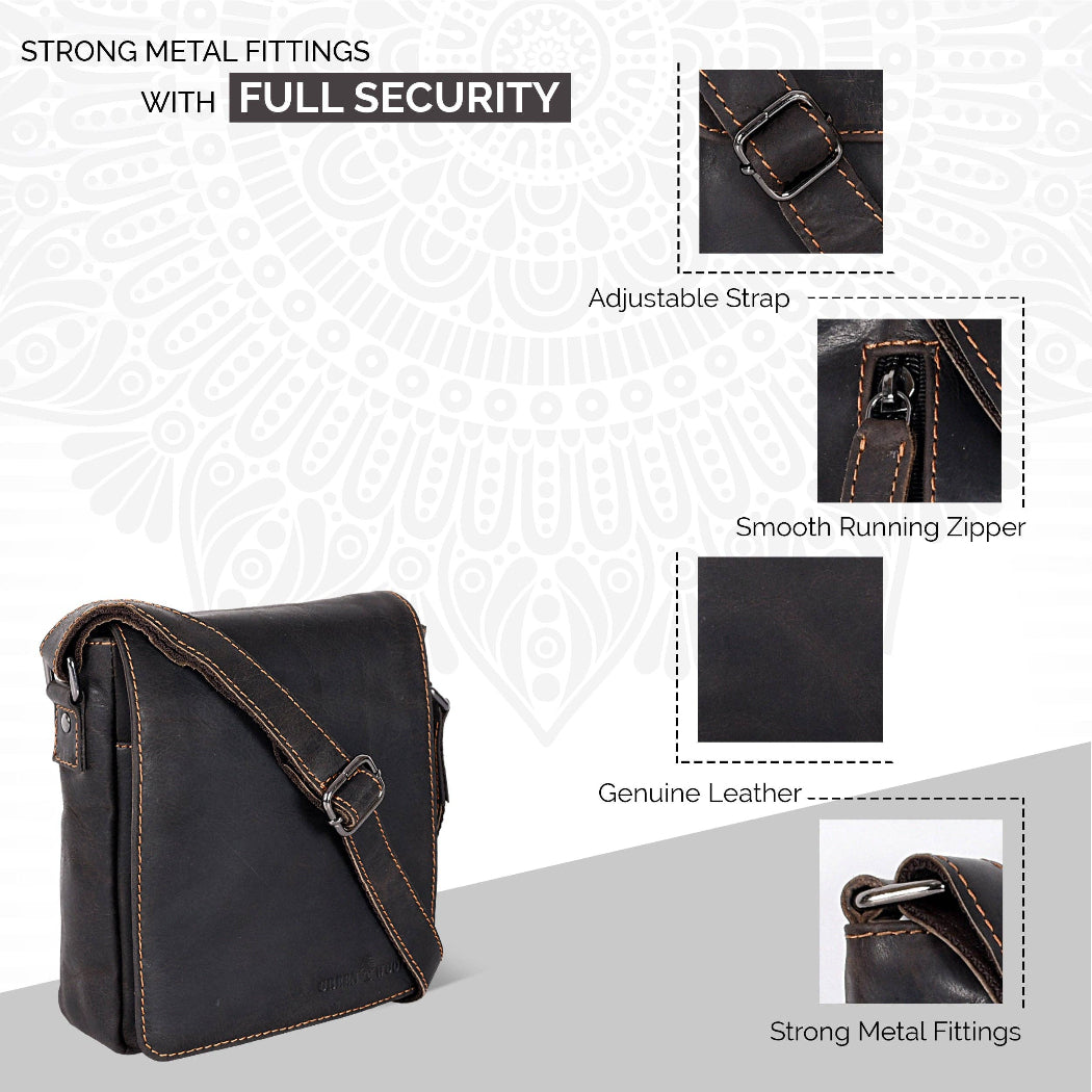 Black leather bag with features highlighted on a light gray background
