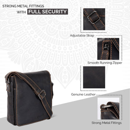 Black leather bag with features highlighted on a light gray background