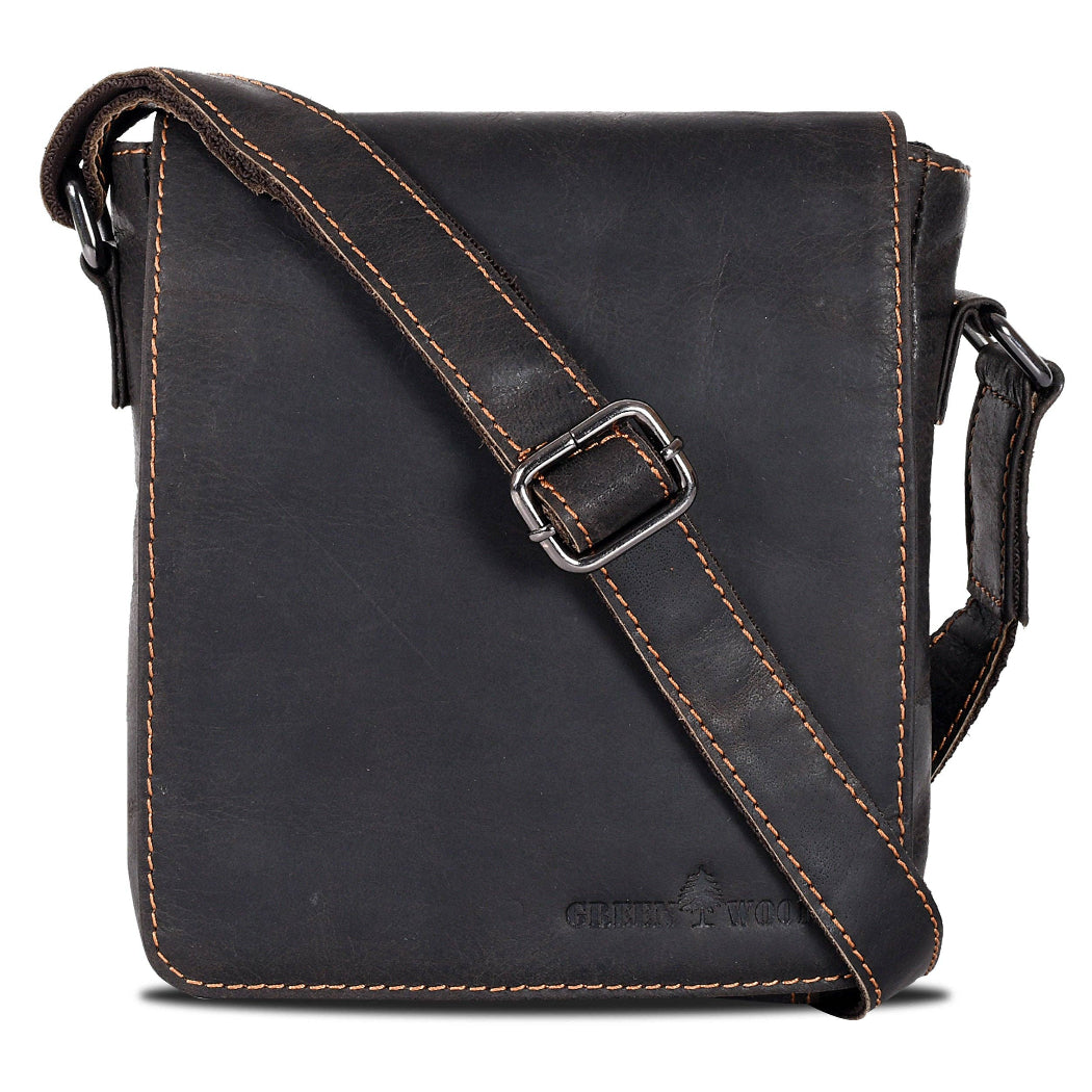 Black leather crossbody bag with a visible brand logo on a white background