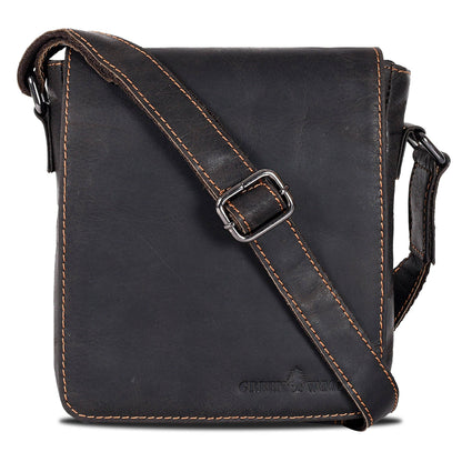 Black leather crossbody bag with a visible brand logo on a white background