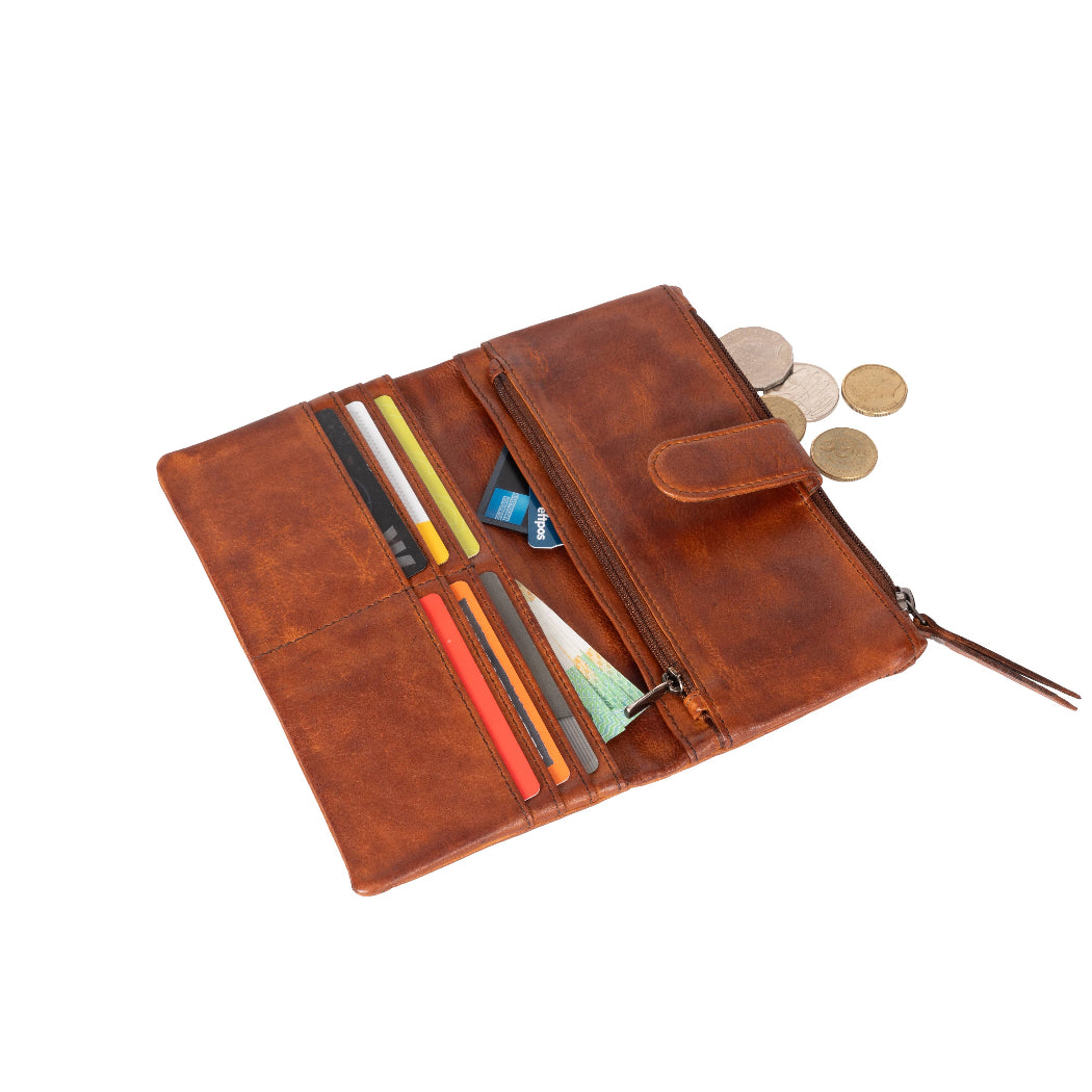 Brown leather wallet with compartments and coins on a white background