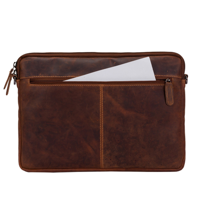 Brown leather sleeve with a zipper pocket on a white background