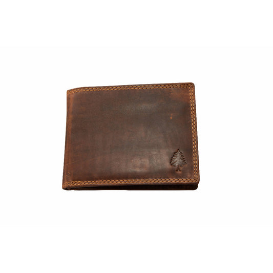 Brown leather wallet with a tree design on a white background