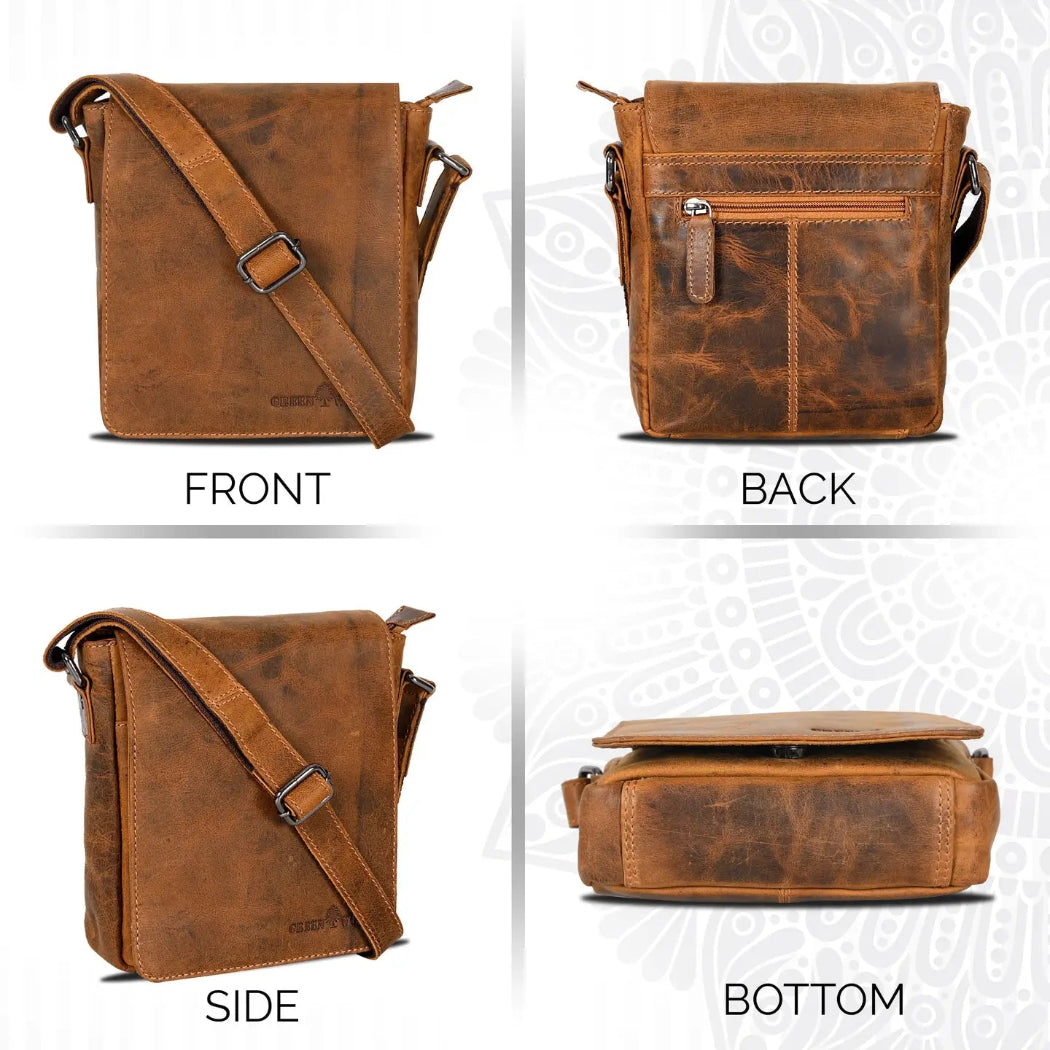 A four-panel product collage showing a brown distressed leather crossbody bag from multiple angles: FRONT, BACK, SIDE, and BOTTOM. Each view includes the bag and the label text beneath it, on a light patterned background.