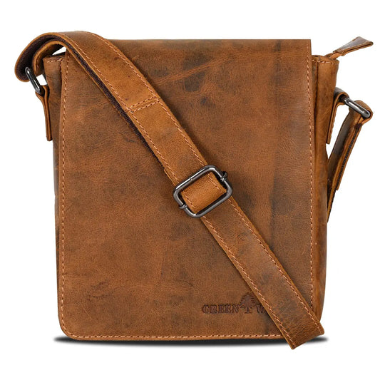 A brown distressed leather crossbody bag with a matching adjustable shoulder strap and silver-tone buckle, shown on a plain white background.
