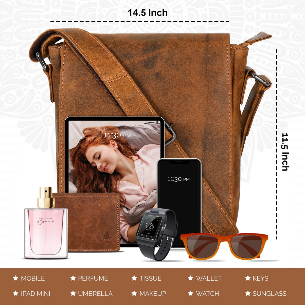 A brown faux-leather crossbody bag shown with its strap laid out, surrounded by included accessories such as a tablet, phone, perfume bottle, wallet, smartwatch, sunglasses, and keys. White dimension labels indicate 14.