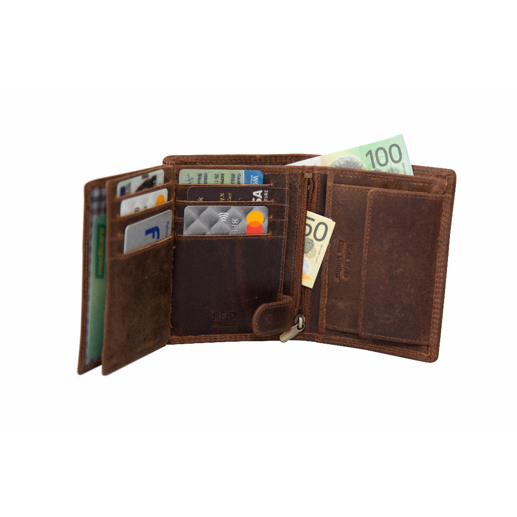 Brown leather wallet with cards and money on a white background