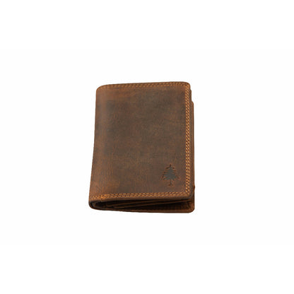 A brown leather bifold wallet with a distressed finish, featuring a small embossed tree logo on the lower right corner and contrast stitching along the edges, shown on a plain white background.