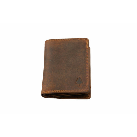 A brown leather bifold wallet with a distressed finish, featuring a small embossed tree logo on the lower right corner and contrast stitching along the edges, shown on a plain white background.
