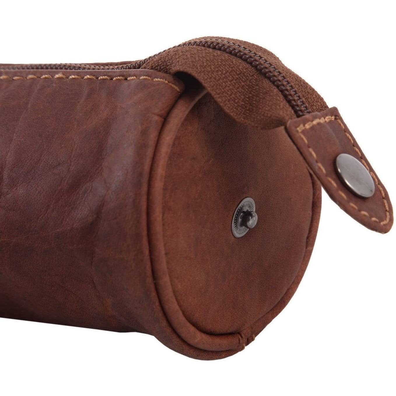 Close-up of a brown leather pouch with a zipper on a white background