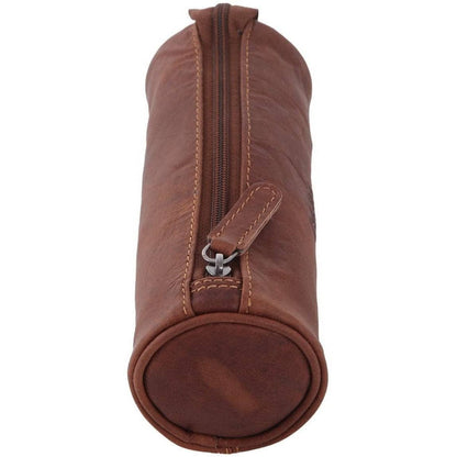 Brown leather cylindrical bag with a zipper on a white background
