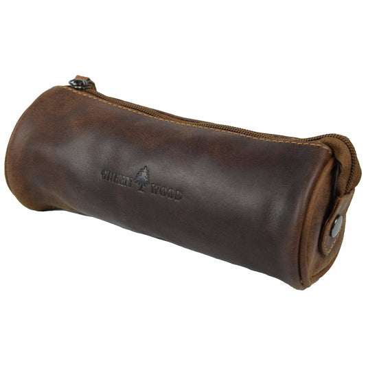 Brown leather pencil case with a visible brand logo on a white background