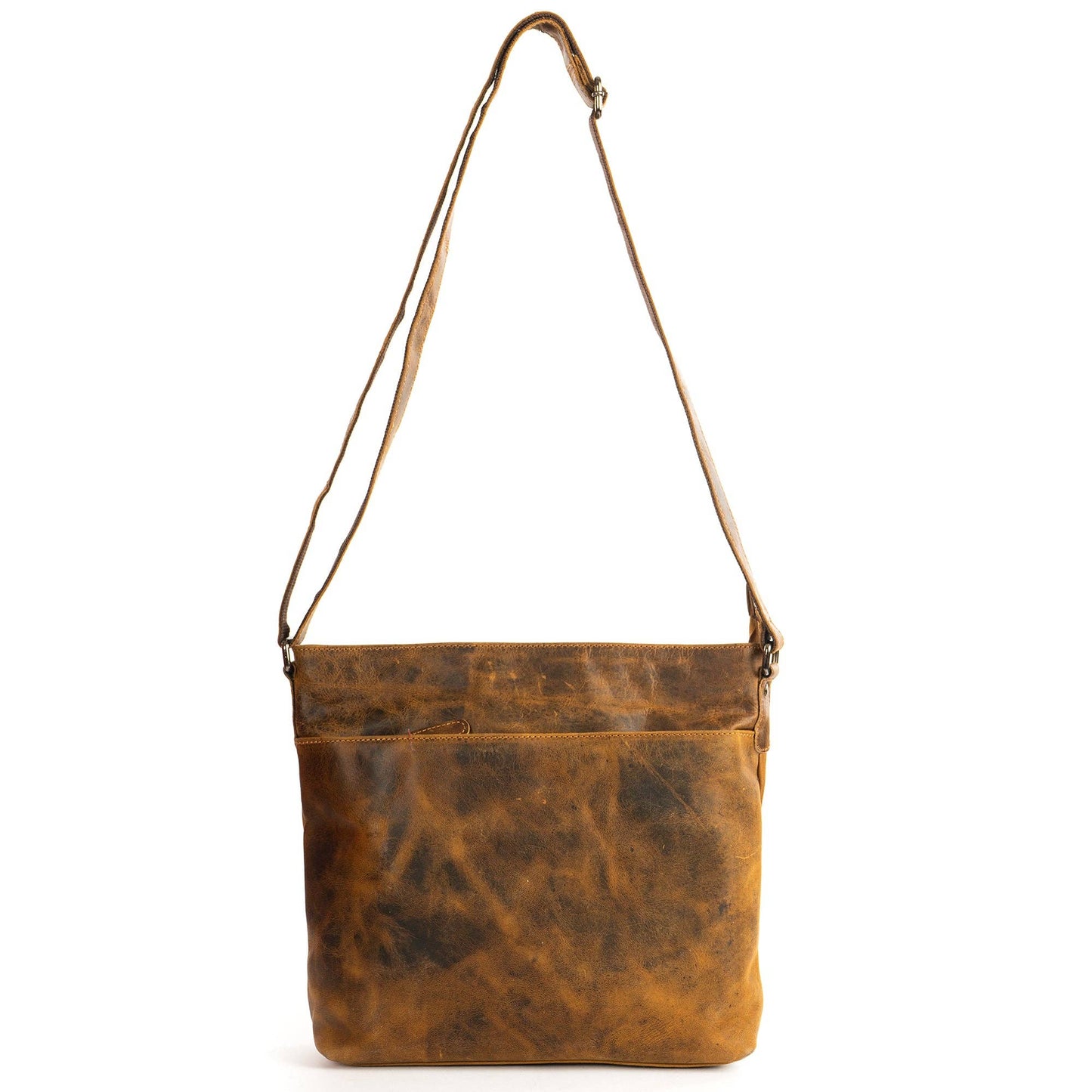 A brown distressed leather crossbody bag with a single shoulder strap, shown against a plain white background.
