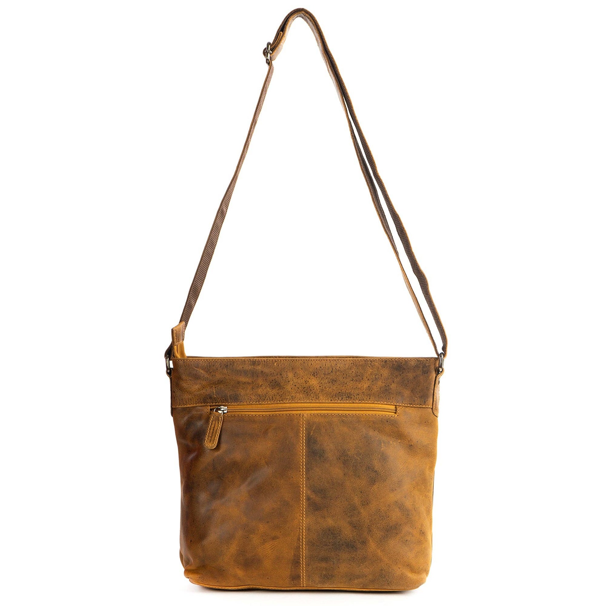 A brown distressed leather crossbody bag with a single shoulder strap, a front zippered pocket, and a vertical seam on the front, shown against a plain white background.