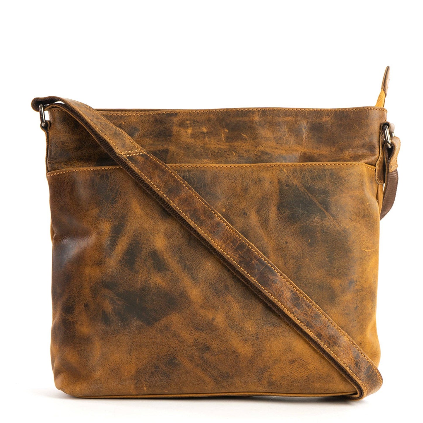 A distressed brown leather crossbody bag with a matching adjustable shoulder strap, displayed on a clean white background.