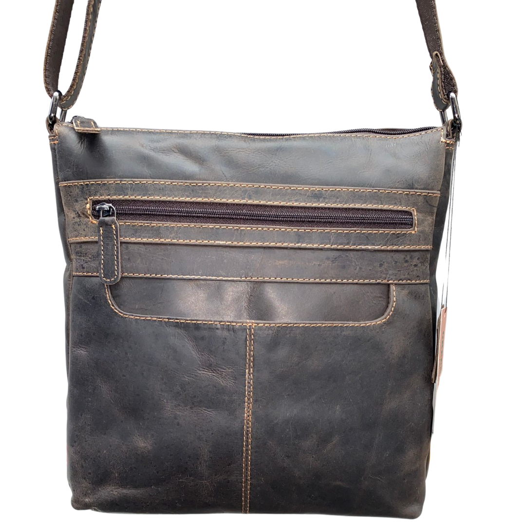 Dark brown leather crossbody bag on a white background