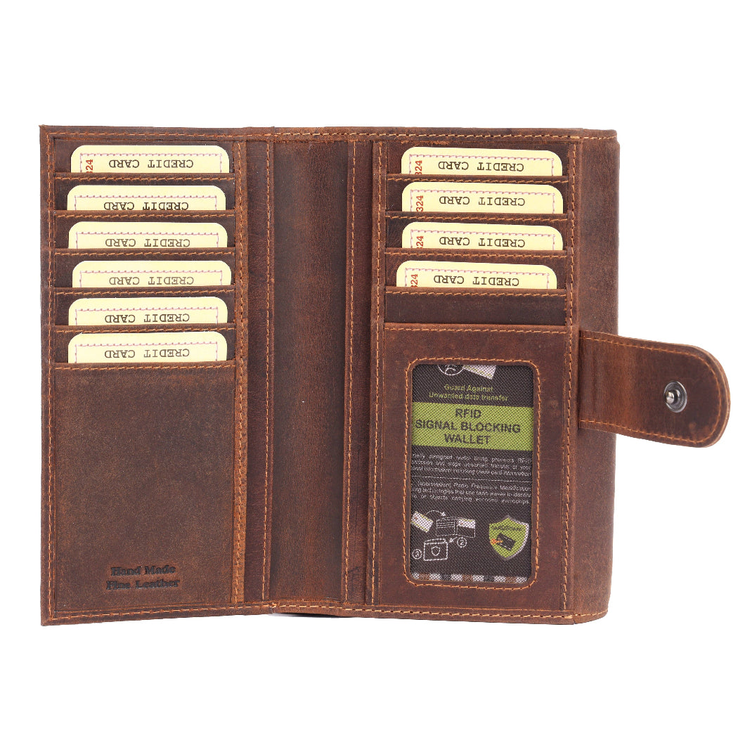 Brown leather wallet with card slots and visible brand label on a white background